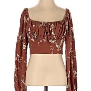 Altar State Brown Floral Long Sleeve Crop Top Square Neck Smocked